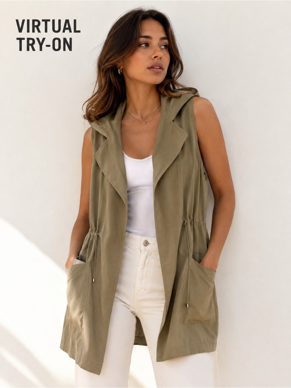 Staccato Women’s Olive Green Hooded Utility Vest Size L Lightweight Longline